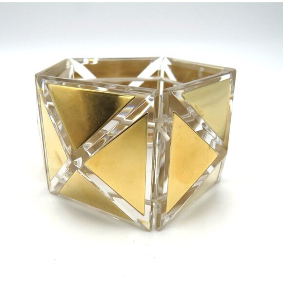 Tory Burch‎ Gold Tone Lucite Geometric Cuff Bracelet Women Wide Statement Logo - Picture 2 of 11